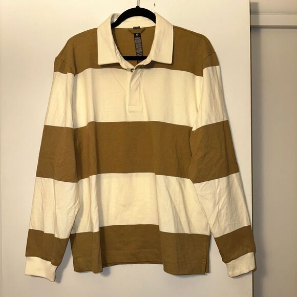 lululemon athletica Other - Lululemon Men’s Medium Long Sleeve Cotton Rugby Shirt Tan and Cream Stripes NWT